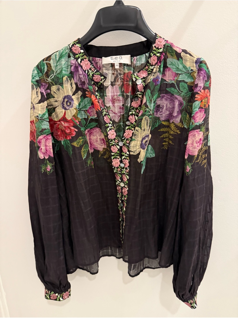 Sea Black Sheer Floral Embroidered Blouse with Pink & Green Accents